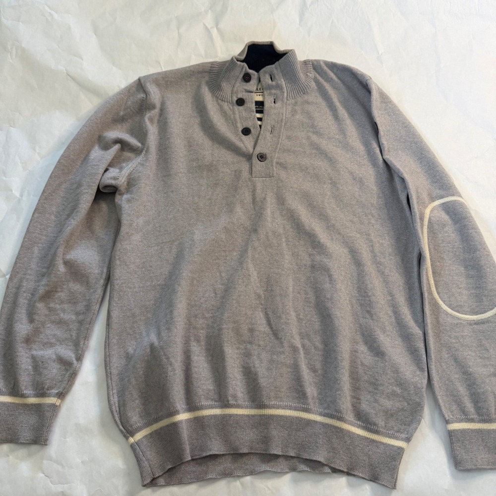 HOLEBROOK Sweden‎ Mens Gray 100% Merino Wool Mock Neck Button Sweater Elbow L
